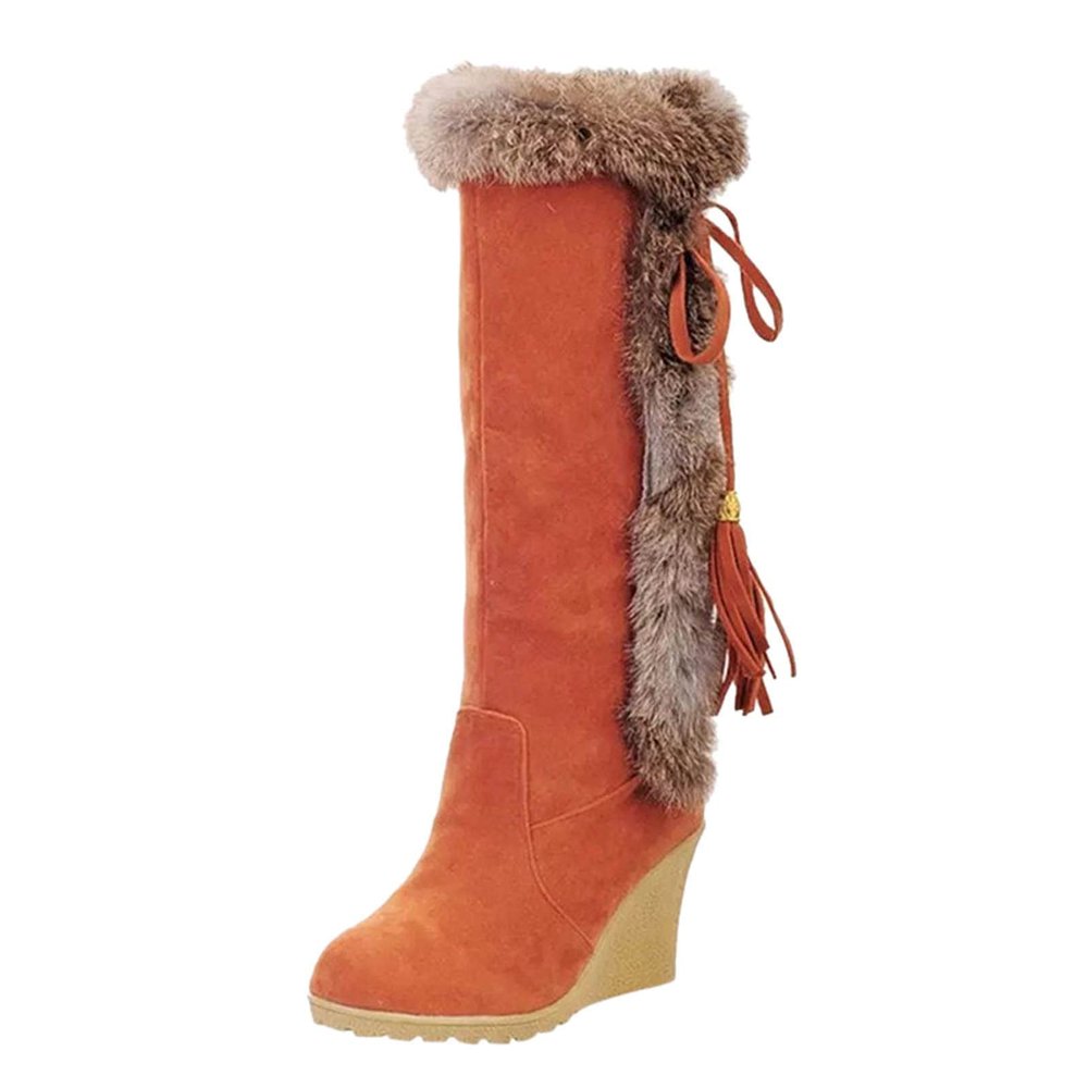hlysgo Women's Winter Warm Outdoor Long Boots High Heels Fashion Wedge Bootie Faux Fur Comfortable Knee High Fuzzy Boot