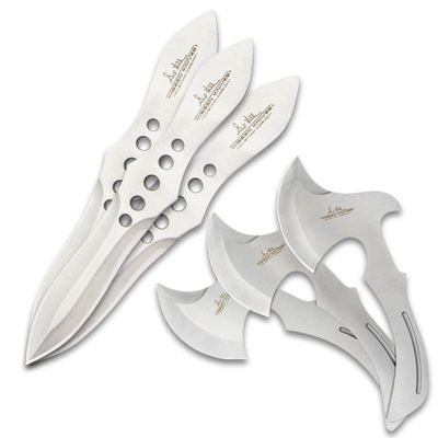 Hibben Throwing Axe and Knife Set | One-Piece 3Cr13 Stainless Steel Construction | Tough Nylon Belt Sheath | Includes Six Throwers | Curved-Grip Design | Accurate Throwers to Hone Your Skills