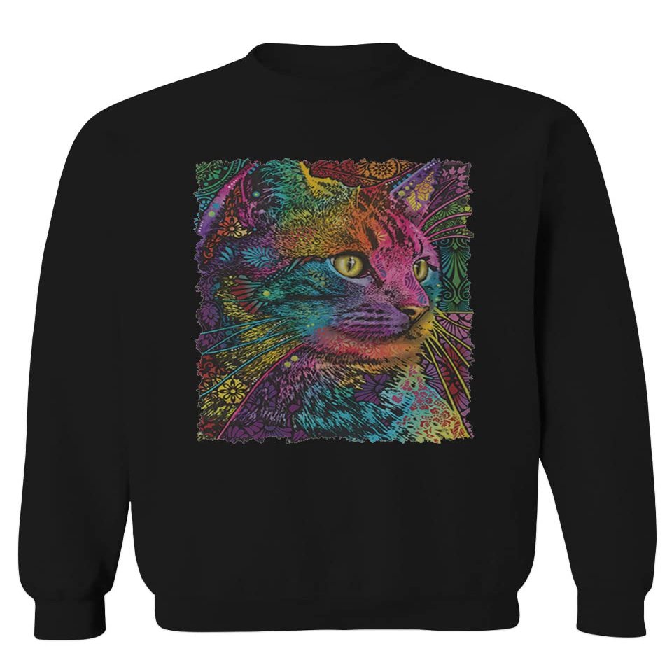 0532. Cat Colorful Cute Kitten Lover Mandala Neon Graphic Art Men's Crewneck Sweatshirt (Black Small)