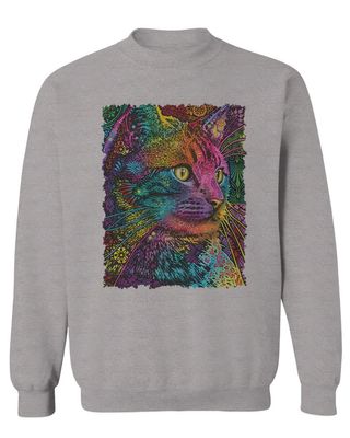 0532. Cat Colorful Cute Kitten Lover Mandala Neon Graphic Art Men's Crewneck Sweatshirt (Light Gray Large)