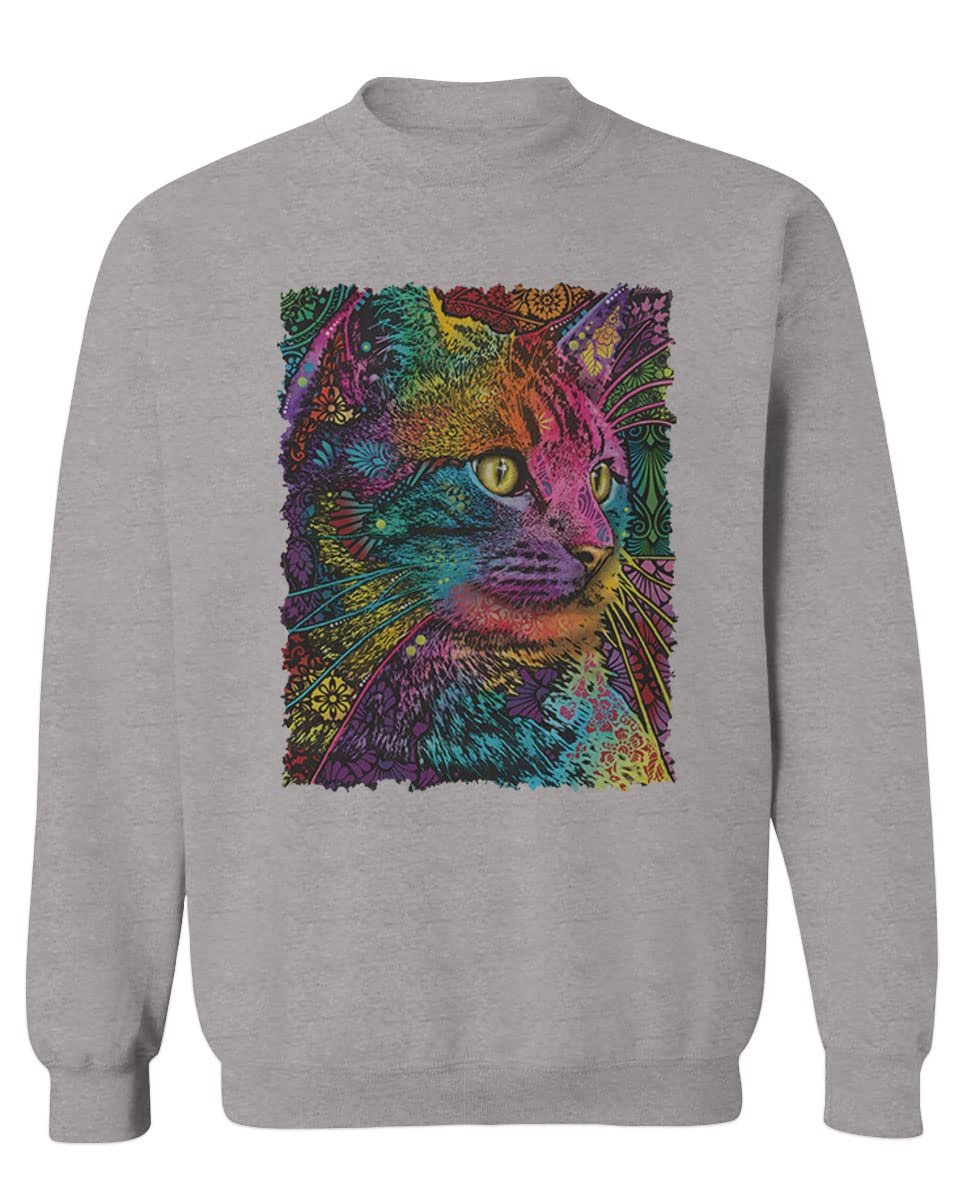 0532. Cat Colorful Cute Kitten Lover Mandala Neon Graphic Art Men's Crewneck Sweatshirt (Light Gray Large)