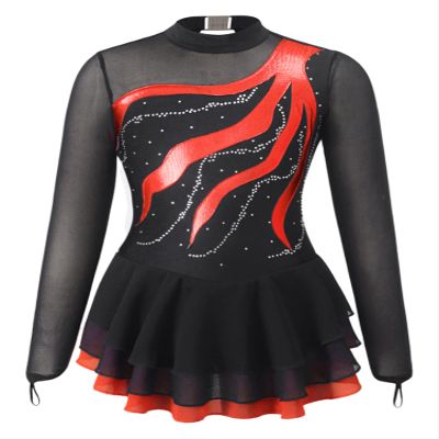 Aislor Girls Mesh Splice Figure Ice Skating Dress Long Sleeves Ballet Dance Gymnastics Leotards Tutu Dress Dancewear Red 14 Years