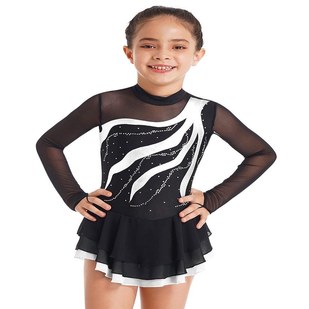 Aislor Girls Mesh Splice Figure Ice Skating Dress Long Sleeves Ballet Dance Gymnastics Leotards Tutu Dress Dancewear White 16 Years