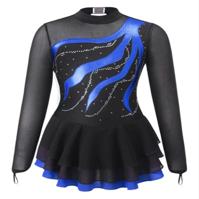 Aislor Girls Mesh Splice Figure Ice Skating Dress Long Sleeves Ballet Dance Gymnastics Leotards Tutu Dress Dancewear Royal Blue 16 Years