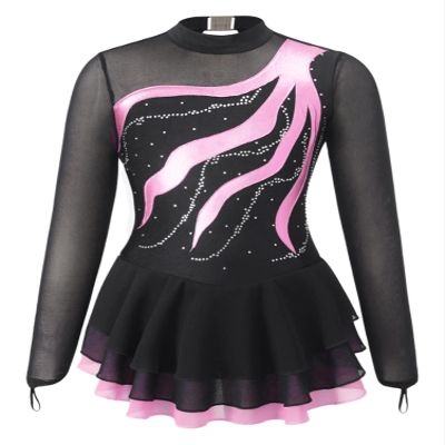 Aislor Girls Mesh Splice Figure Ice Skating Dress Long Sleeves Ballet Dance Gymnastics Leotards Tutu Dress Dancewear Pink 6 Years
