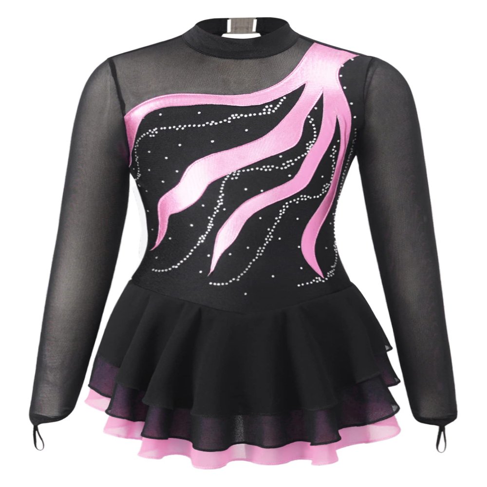 Aislor Girls Mesh Splice Figure Ice Skating Dress Long Sleeves Ballet Dance Gymnastics Leotards Tutu Dress Dancewear Pink 6 Years