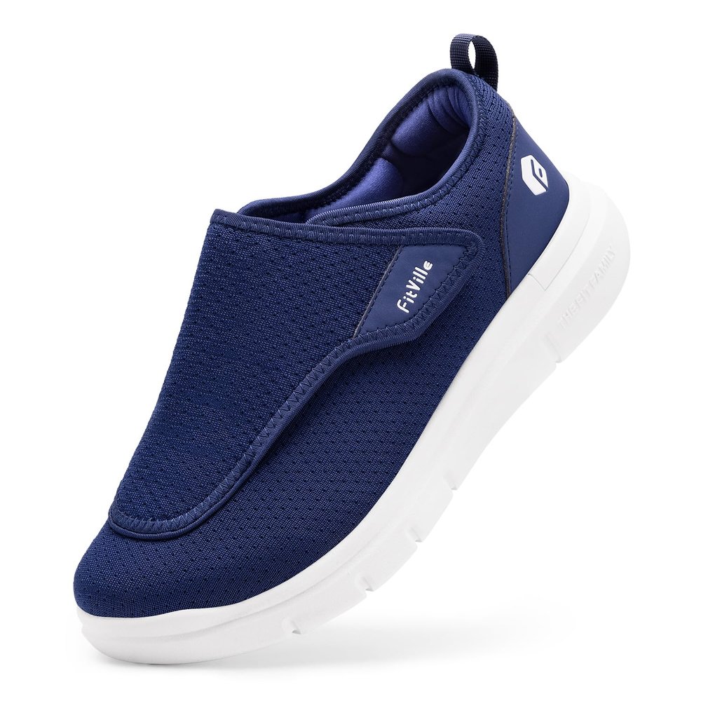 FitVille Diabetic Shoes for Men Extra Wide Slip-on Shoes for Swollen Feet Adjustable Walking Shoes for Elderly Foot Pain Relief Neuropathy - EasyTop Wings Navy Blue