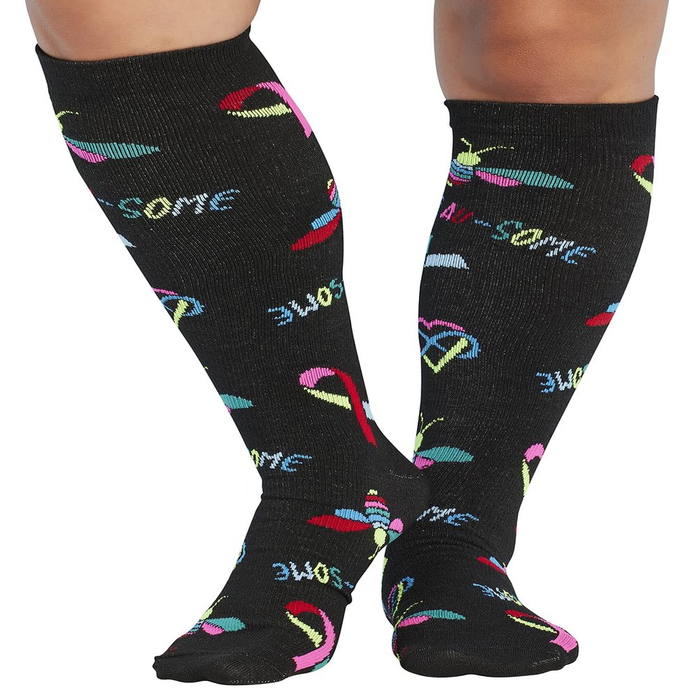 Cherokee Women's 10-15mmHg Compression Socks Fun Print Knee Highs with Light Support, Soft Feel - PRINTSUPPORT, Plus, Bee Au-Some