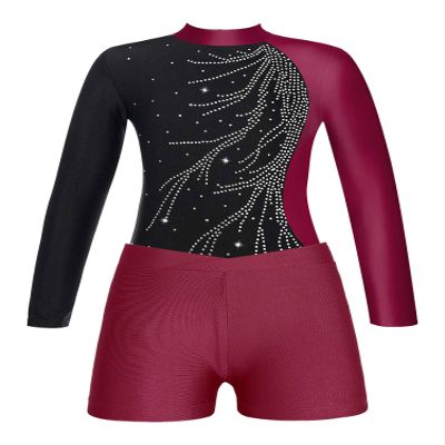 FEESHOW Girls 2Pcs Glitter Long Sleeve Leotards with Shorts Outfits Athletic Unitards Gymnastics Dancewear Clothes Red_A 8 Years