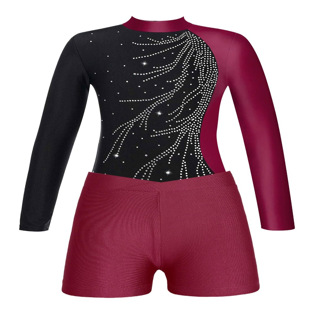 FEESHOW Girls 2Pcs Glitter Long Sleeve Leotards with Shorts Outfits Athletic Unitards Gymnastics Dancewear Clothes Red_A 8 Years