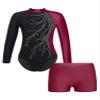 FEESHOW Girls 2Pcs Glitter Long Sleeve Leotards with Shorts Outfits Athletic Unitards Gymnastics Dancewear Clothes Red_A 8 Years view 3