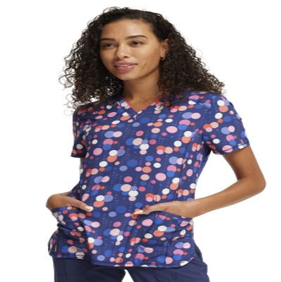 Cherokee Infinity Womens V-Neck Print Scrub Top with 2 Pockets, Rib-Knit Insert Logo O-Ring Detail & Shirttail Hem - CK634, S