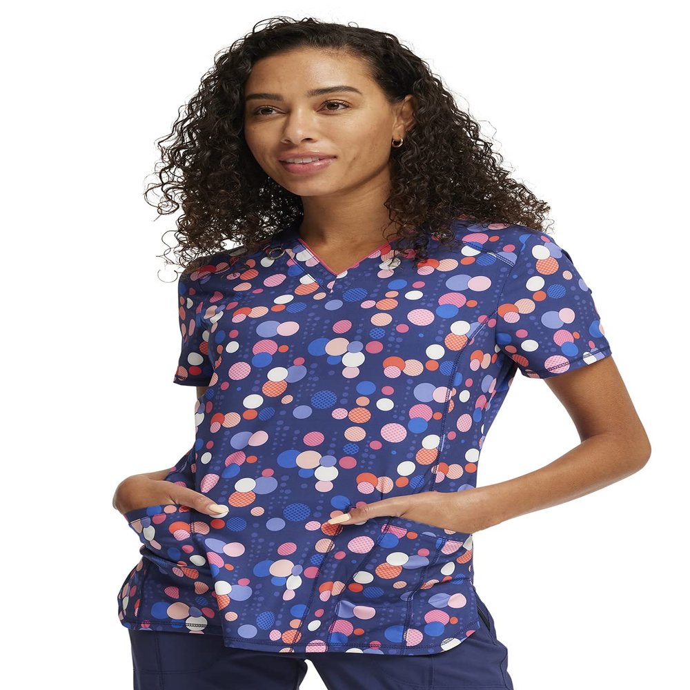 Cherokee Infinity Womens V-Neck Print Scrub Top with 2 Pockets, Rib-Knit Insert Logo O-Ring Detail & Shirttail Hem - CK634, S