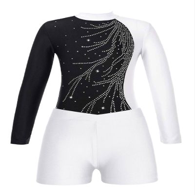FEESHOW Girls 2Pcs Glitter Long Sleeve Leotards with Shorts Outfits Athletic Unitards Gymnastics Dancewear Clothes White_A 8 Years
