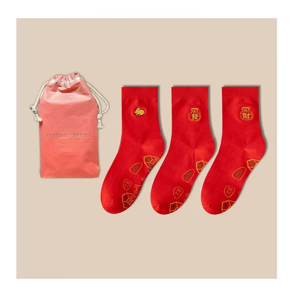2023 New Year's Red Cotton Socks Lucky Socks, Chinese Traditional New Year Stockings for Men Women, 3 Pairs (Color : Red B/3 Pairs, Size : 36-44)