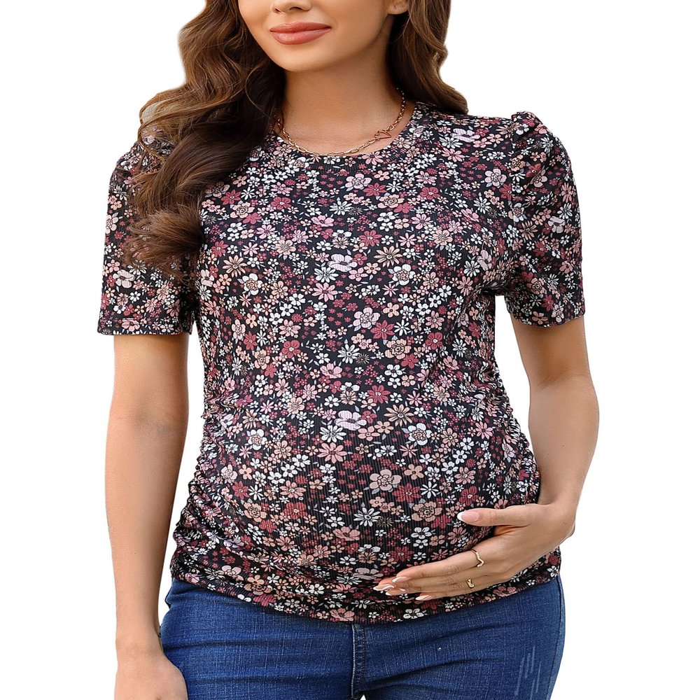 Maternity Shirts Women's Casual Floral Print Tops Pregnancy Puff Short Sleeve Striped Ruched Side Tunic Top Black Floral M
