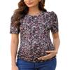 Maternity Shirts Women's Casual Floral Print Tops Pregnancy Puff Short Sleeve Striped Ruched Side Tunic Top Black Floral M view 1