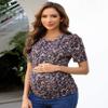 Maternity Shirts Women's Casual Floral Print Tops Pregnancy Puff Short Sleeve Striped Ruched Side Tunic Top Black Floral M view 3