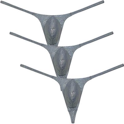 Botmois Men's Metallic Shiny Micro Swim Thong Sexy G-Strings Bikini Underwear Male Soft Contour Pouch Tangas 3-Pack(Grey) XL