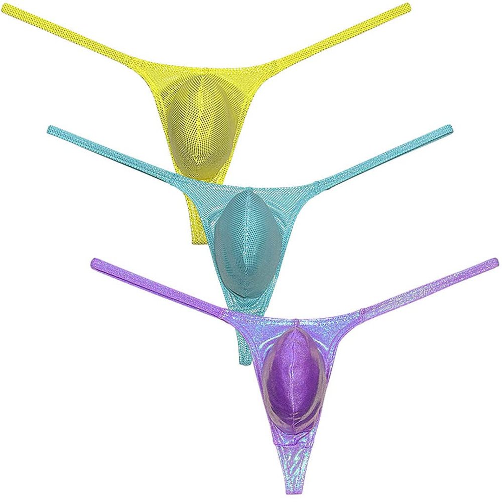 Botmois Men's Metallic Shiny Micro Swim Thong Sexy G-Strings Bikini Underwear Male Soft Contour Pouch Tangas 3-Pack(Yellow,Light Blue,Purple) L