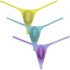 Botmois Men's Metallic Shiny Micro Swim Thong Sexy G-Strings Bikini Underwear Male Soft Contour Pouch Tangas 3-Pack(Yellow,Light Blue,Purple) L view 1
