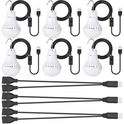 Funtery 6 Pcs USB LED Light Portable Light Bulb with USB Hanging Camping Light Splitter Cable for Camping Tent Garage Warehouse Car Truck Outdoor, 5W, 8.2ft