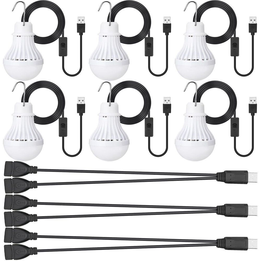 Funtery 6 Pcs USB LED Light Portable Light Bulb with USB Hanging Camping Light Splitter Cable for Camping Tent Garage Warehouse Car Truck Outdoor, 5W, 8.2ft