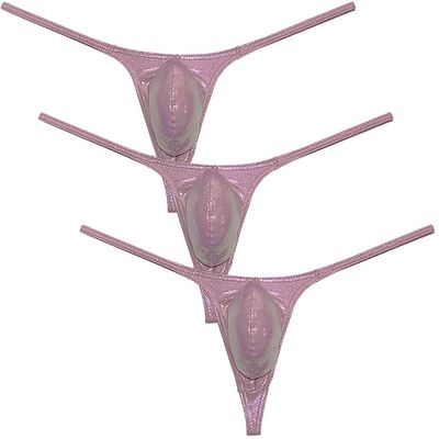 Botmois Men's Metallic Shiny Micro Swim Thong Sexy G-Strings Bikini Underwear Male Soft Contour Pouch Tangas 3-Pack(Seashell Pink) M
