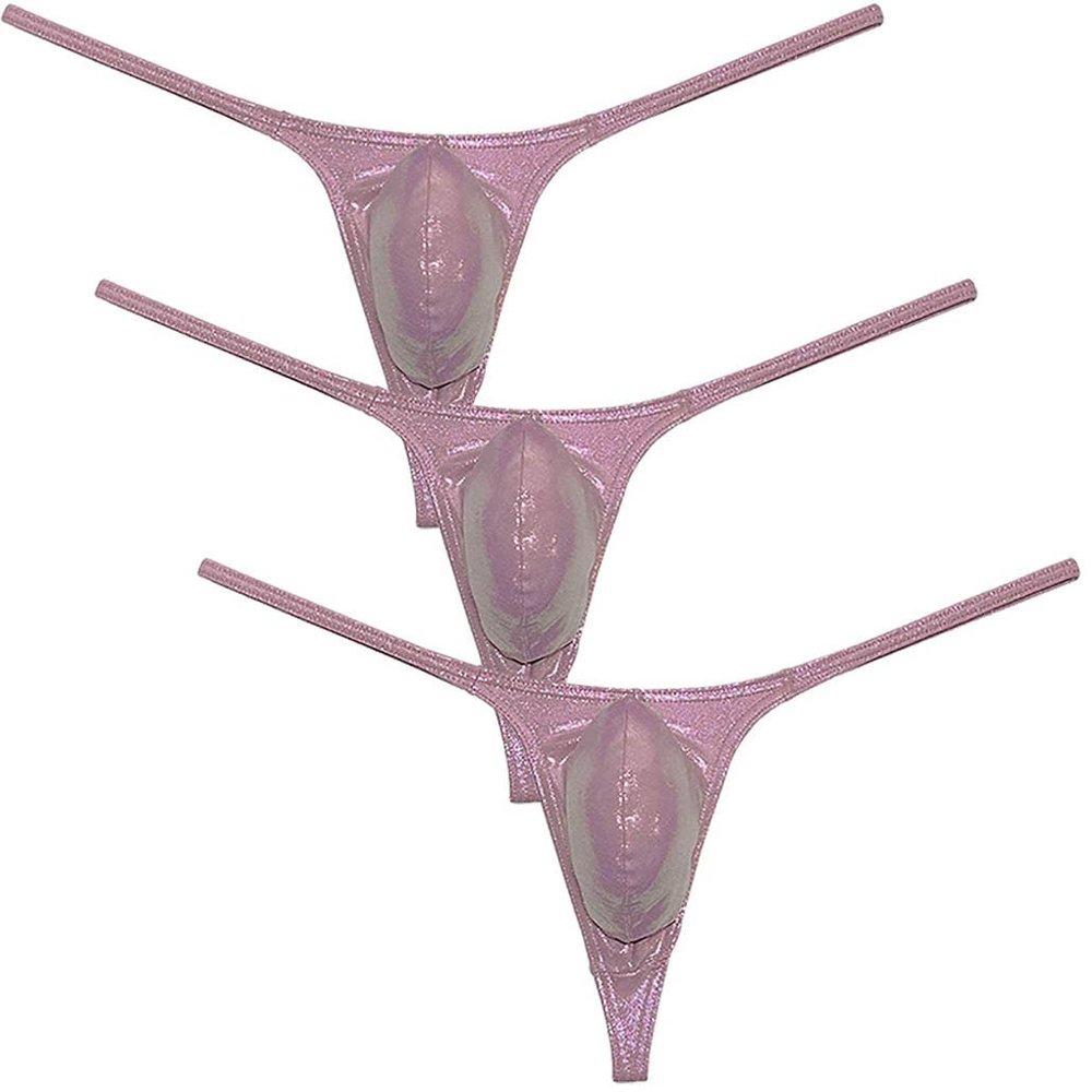 Botmois Men's Metallic Shiny Micro Swim Thong Sexy G-Strings Bikini Underwear Male Soft Contour Pouch Tangas 3-Pack(Seashell Pink) M