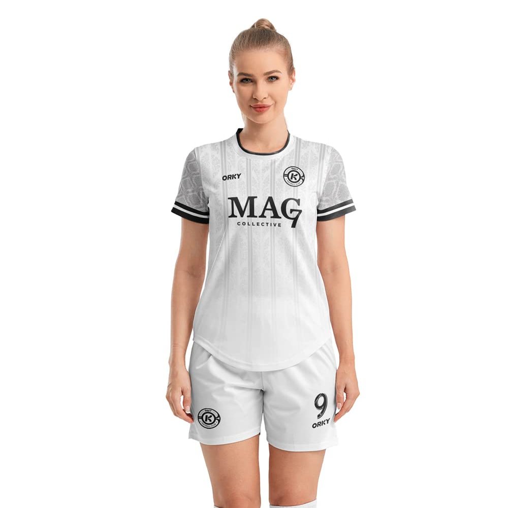 ORKY Customize Soccer Jersey, Women Sublimation Futbol Shirt Short Set, Breathable Personalize Team Outfit Glory(White 2XS)