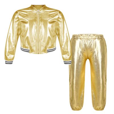 Jugaoge Kids Girls Shiny Metallic Dance Performance Costume Hip Hop Street Dance Dancewear Workout Tracksuit Gold 10 Years