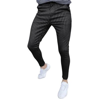 Men's Striped Button Fitting Casual Pant Striped Slacks Loose Comfort Trousers Plaid Slim Fit Stretch Dress Pant (Black,Small)