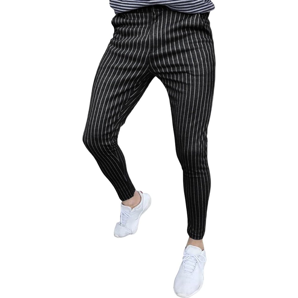 Men's Striped Button Fitting Casual Pant Striped Slacks Loose Comfort Trousers Plaid Slim Fit Stretch Dress Pant (Black,Small)
