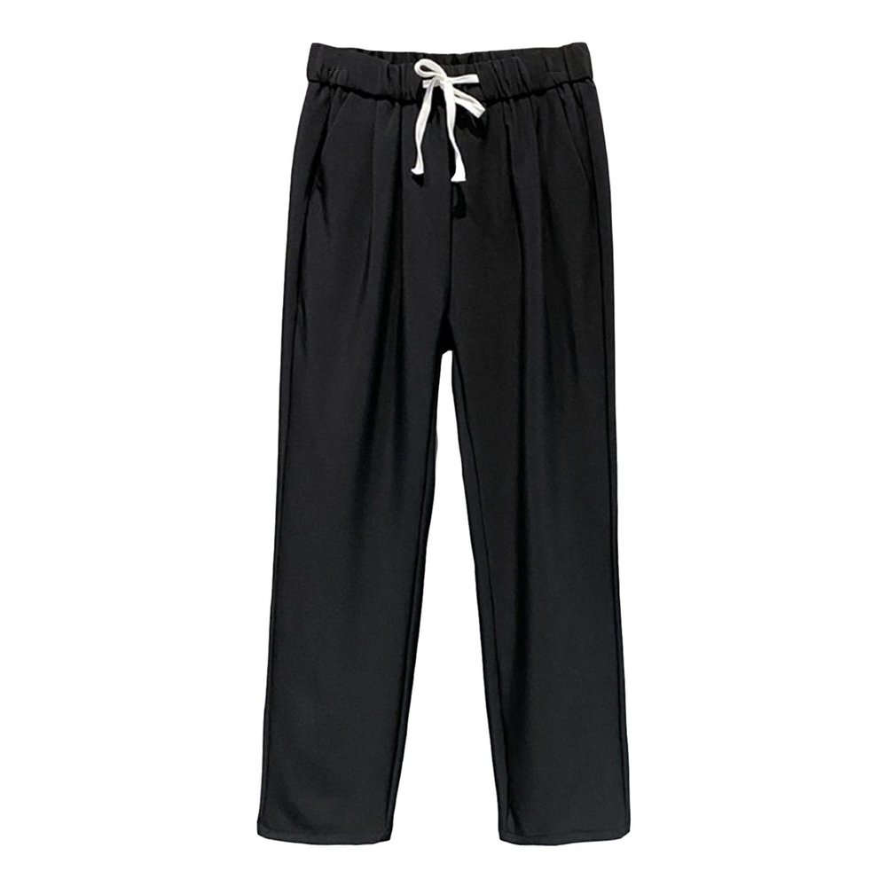 DGHM-JLMY Men's Casual High Waist Elastic Waist Suit Pants Regular Fit Linen Drawstring Pants Training Jogging Sweatpant (Black,Medium)