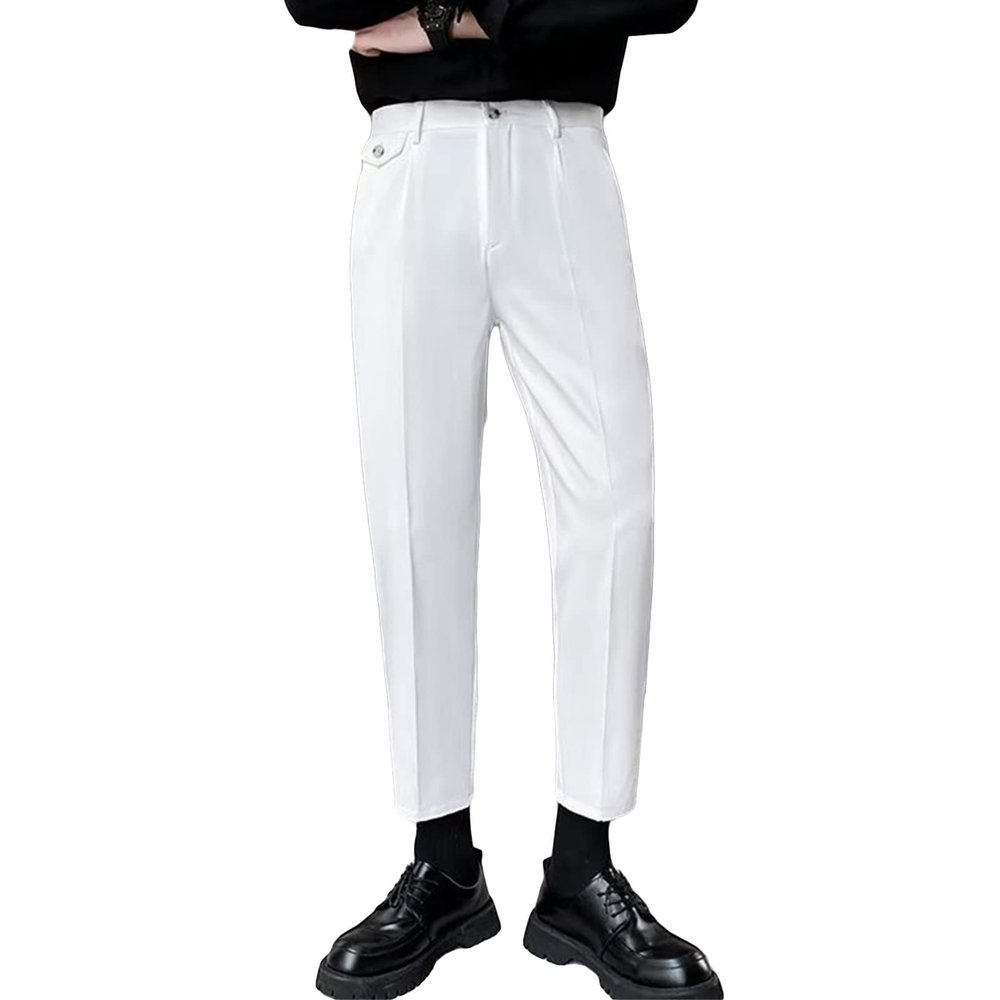 DGHM-JLMY Men's Summer Cropped Casual Trousers High Waist Fold Pleated Suit Pants Work Office Business Pant with Pockets (White,Small)