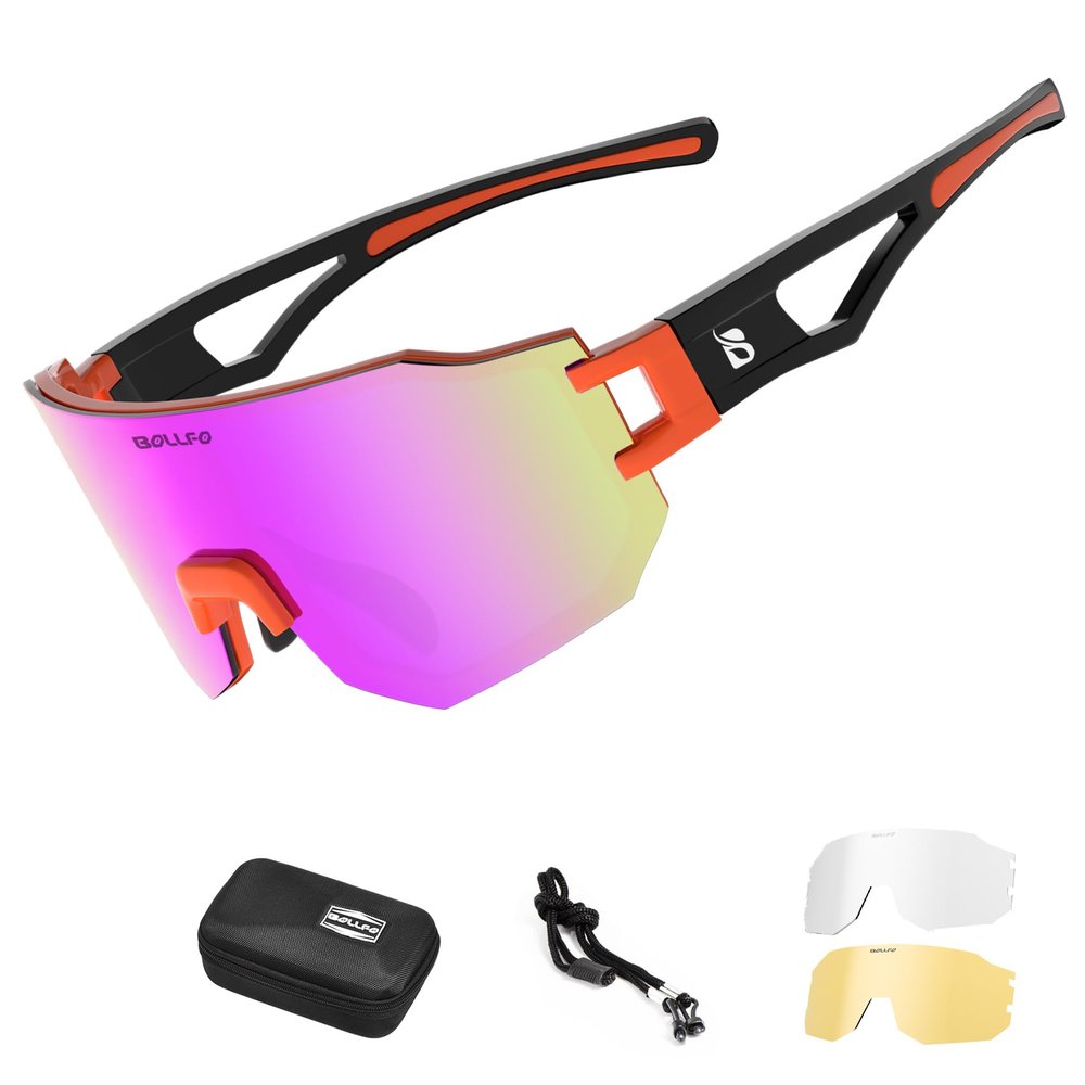 BOLLFO Polarized Sports Sunglasses, Cycling Glasses with 3 Interchangeable Lenses for Men Women Baseball Driving Fishing