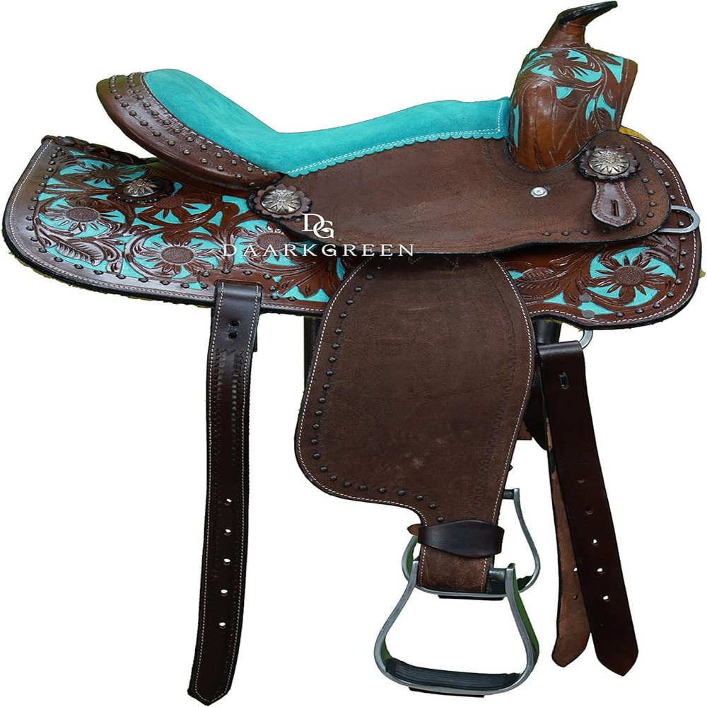Leather Western Barrel Racing Horse Saddle Teal Brown with Tack Set Headstall Breast Collar and Reins Size 12"-18" Inches (17.5")