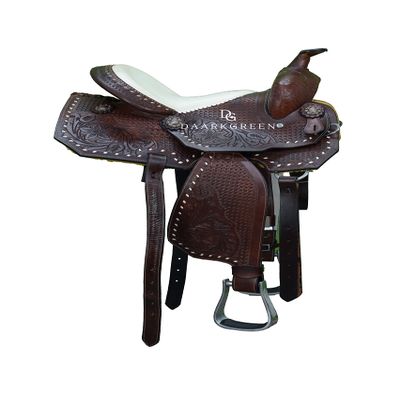 Daarkgreen Leather Western Barrel Racing Horse Saddle White Brown Buck Stitch Get Matching Tack Set Headstall Breast Collar and Reins Size 12"-18" Inches (12")