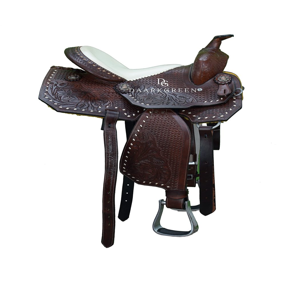 Daarkgreen Leather Western Barrel Racing Horse Saddle White Brown Buck Stitch Get Matching Tack Set Headstall Breast Collar and Reins Size 12"-18" Inches (15.5")