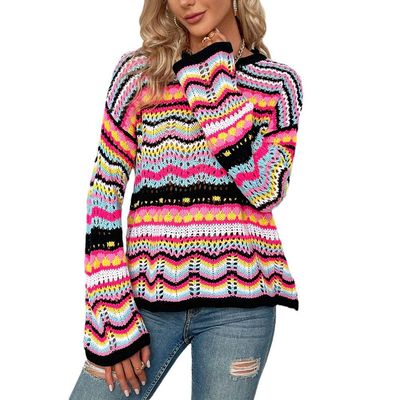 Women Crochet Sweaters Hollow Out Pullover Crop Top Striped Long Sleeve See Through Knit Casual Jumper Black
