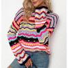 Women Crochet Sweaters Hollow Out Pullover Crop Top Striped Long Sleeve See Through Knit Casual Jumper Black view 2