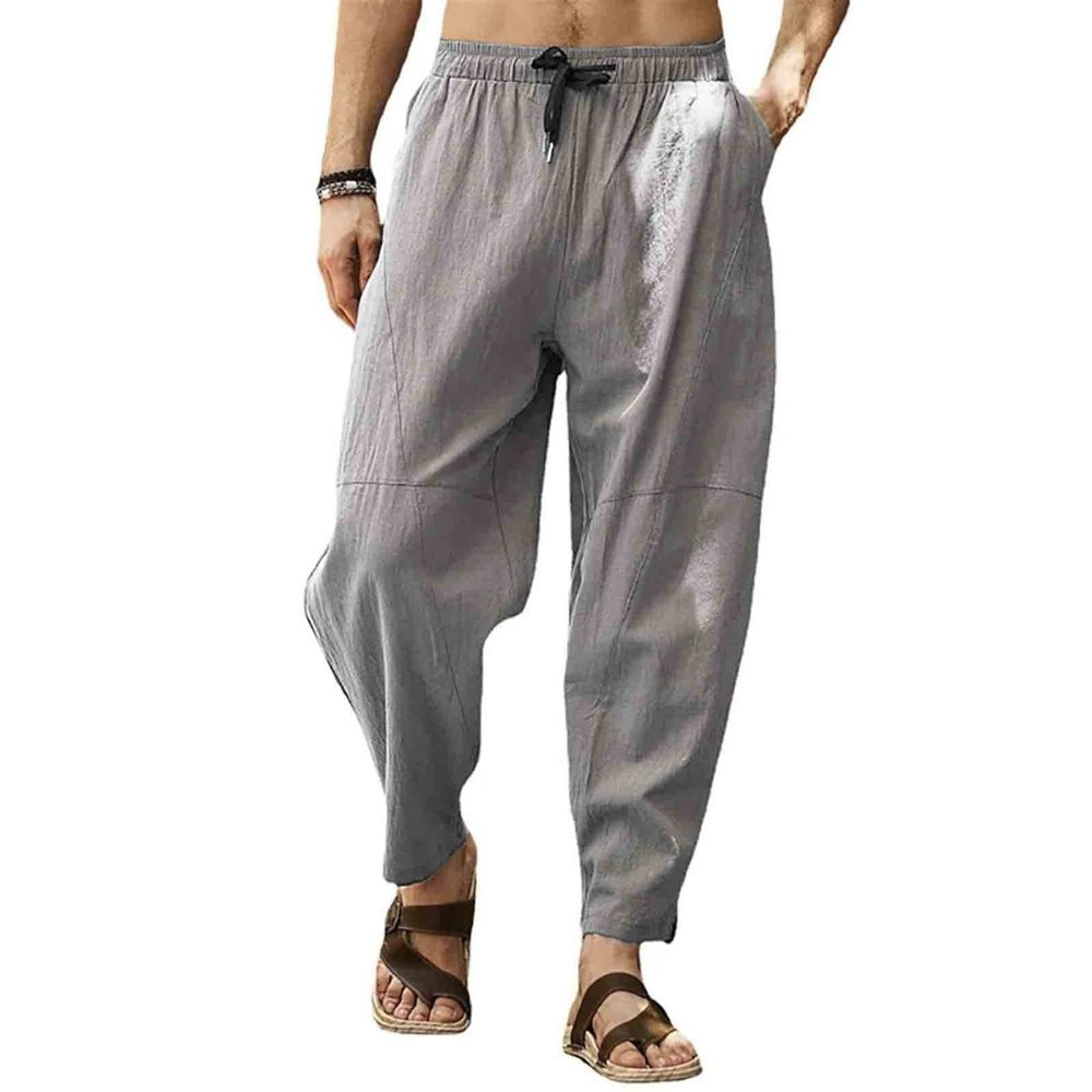 WABEOR Men's Lightweight Linen Capri Pants Loose Fit Elastic Waist Casual Beach Yoga Pants Pockets Drawstring Comfy Trousers Grey