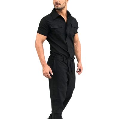 Jumpsuit for Men Fashion Short Sleeve Cargo Overalls Casual Pockets Zip Up Work Rompers One-Piece Big and Tall Summer Pants Black