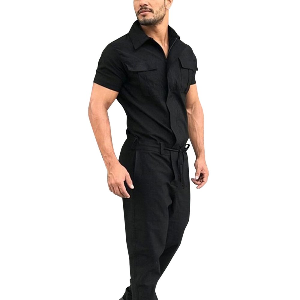 Jumpsuit for Men Fashion Short Sleeve Cargo Overalls Casual Pockets Zip Up Work Rompers One-Piece Big and Tall Summer Pants Black