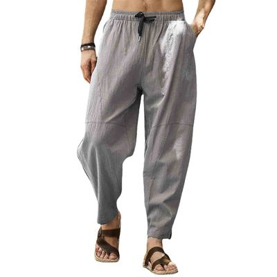 WABEOR Men's Lightweight Linen Capri Pants Loose Fit Elastic Waist Casual Beach Yoga Pants Pockets Drawstring Comfy Trousers Grey