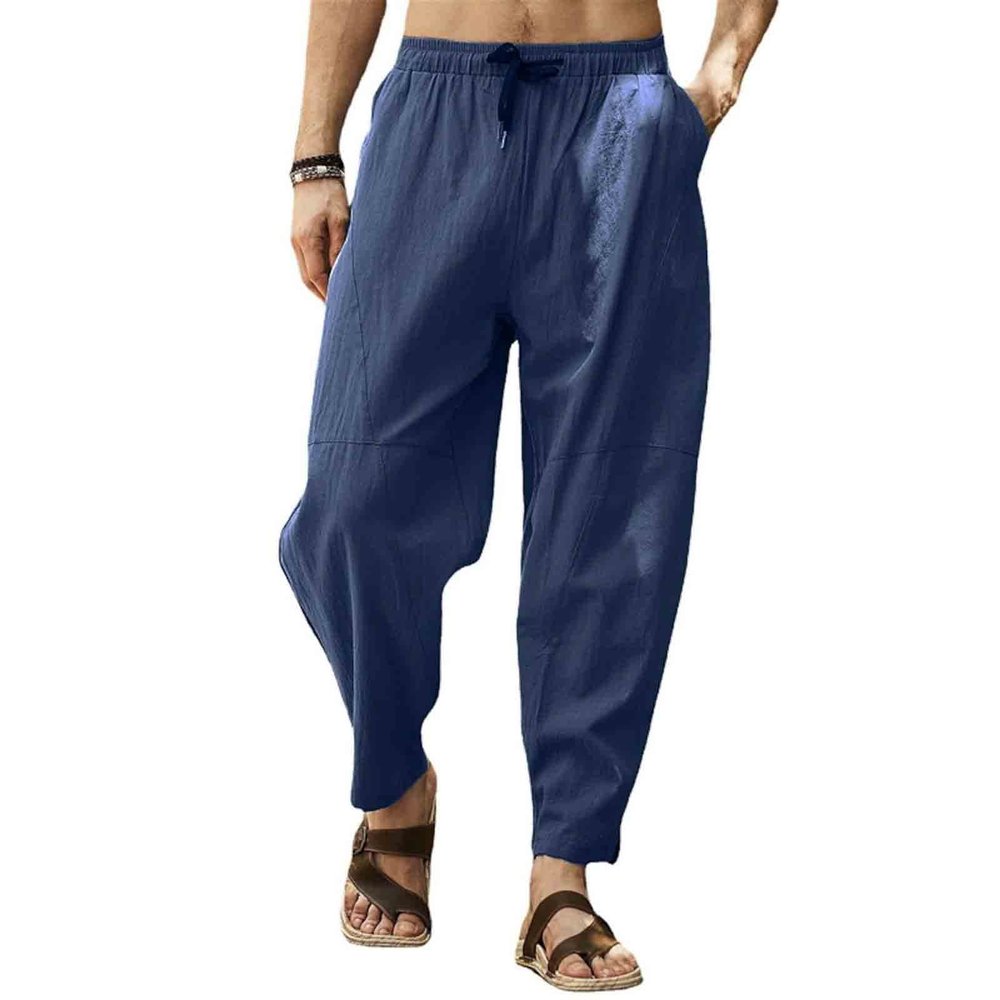 WABEOR Men's Lightweight Linen Capri Pants Loose Fit Elastic Waist Casual Beach Yoga Pants Pockets Drawstring Comfy Trousers Dark Blue