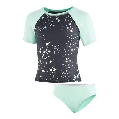 Under Armour Girls' Short Sleeve Rashguard Surf Shirt and Swim Bottoms Set, UPF 50+ Sun Protection, Quick-Dry Bathing Suit, Black, 5