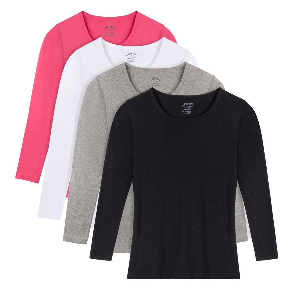 Brix Baby Toddler Girls' Long Sleeve - Tees Crew Neck Cotton Flexy 4 - Pack Ts. (White, Black, Pink, Heather Grey, 2T)