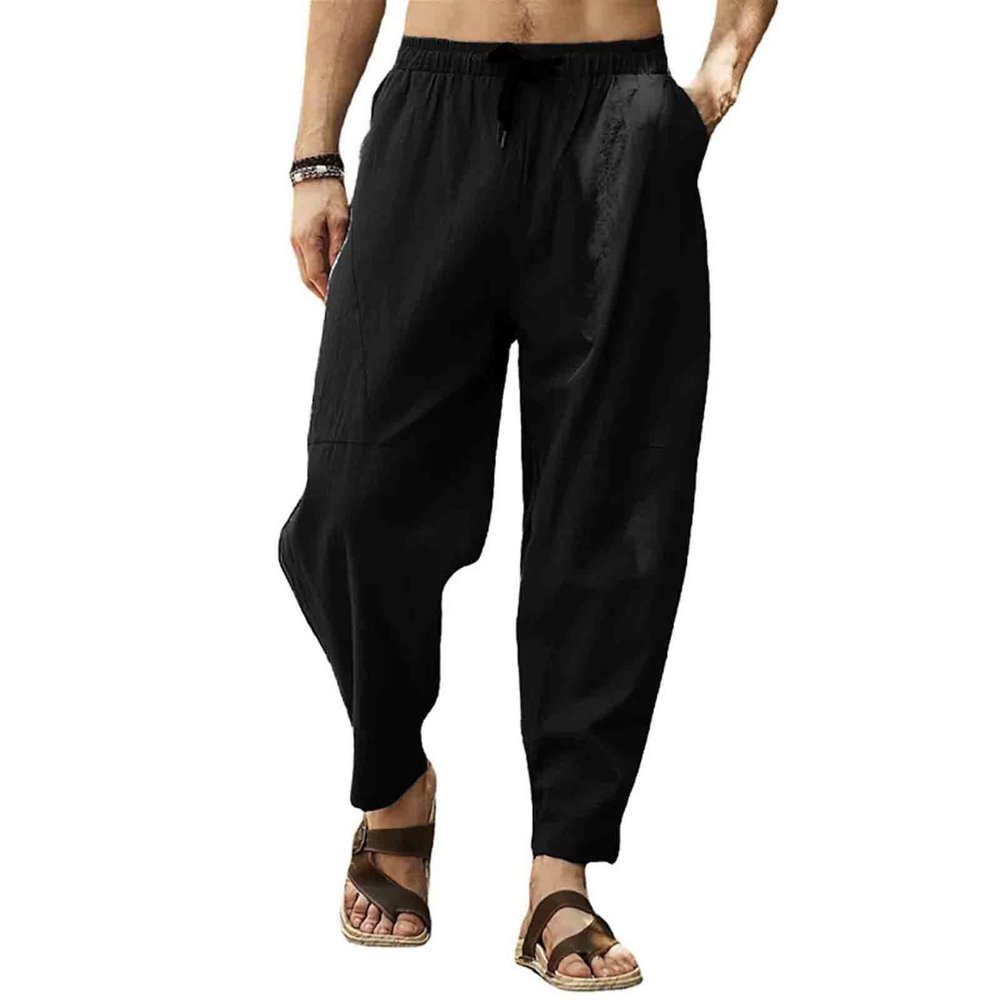 WABEOR Men's Lightweight Linen Capri Pants Loose Fit Elastic Waist Casual Beach Yoga Pants Pockets Drawstring Comfy Trousers Black