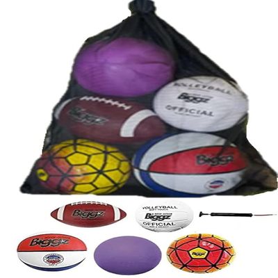 Biggz Bag of Sport Balls  Basketball, Soccer Ball, Football, Volleyball, Purple Playground Ball, and Pump